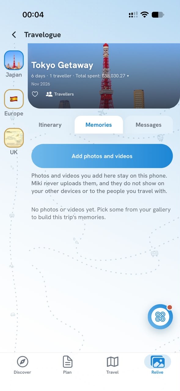 A trip's Memories tab for your own photos and videos