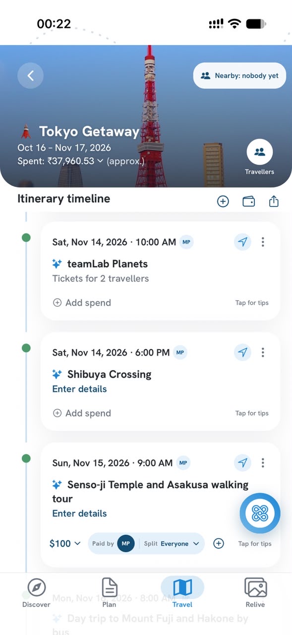 A trip's day-by-day timeline with dates, spend and a directions arrow on each card