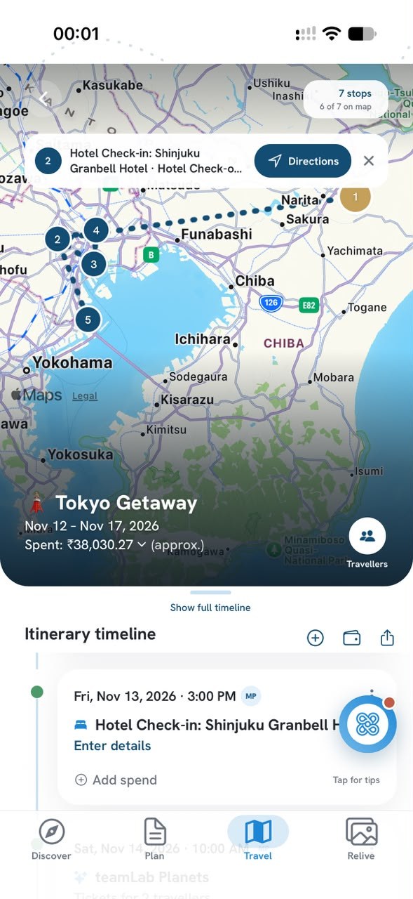 A trip map with numbered stops and the day-by-day timeline